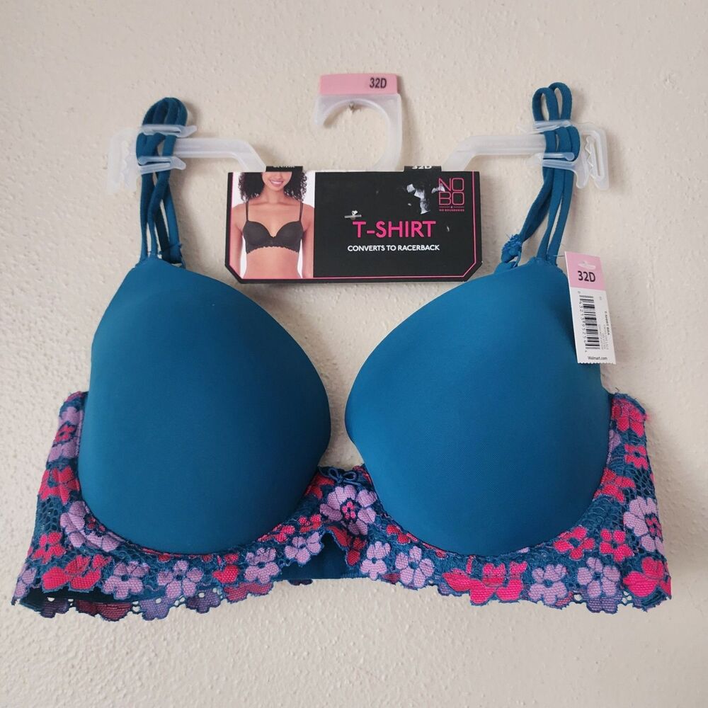 No Boundaries Women's T Shirt Bra With Lace Frame 32D Corsair Blue Floral NEW